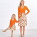 Sweet V-neck Long Sleeved Stitching Flower Orange Mom Girl Matching Dress