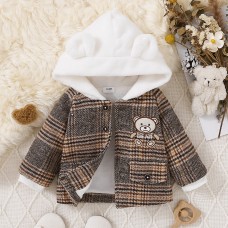 【3M-24M】Unisex Baby Bear Embroidered Padded Fleece Hooded Jacket