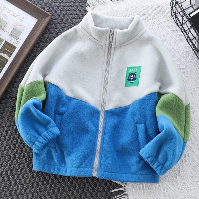 【18M-10Y】Boys Casual Cartoon Bear Embroidered Colorblock Patchwork Fleece Jacket