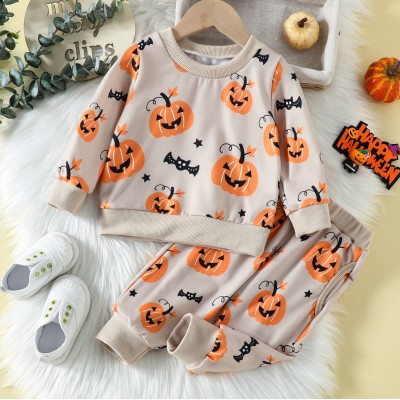 【6M-5Y】2-piece Kids Halloween Print Long Sleeve Sweatshirt And Pants Set