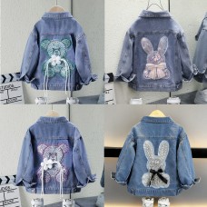 【3Y-12Y】Girl Casual Bunny Bear Sequin Embroidered Bowknot Lapel Denim Jacket