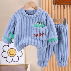 【9M-4Y】2-piece Boys Thick Flannel Dinosaur Embroidered Pajama Set