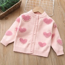 【18M-6Y】Girls Heart Pearl Long Sleeve Sweater Cardigan