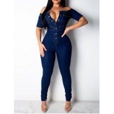 Collar Short Sleeve Buttons Bodycon Denim Jumpsuit Overalls HF2616-02-02