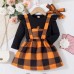 【3M-3Y】Girls Round Neck Black Blouse and Plaid Suspender Skirt Set